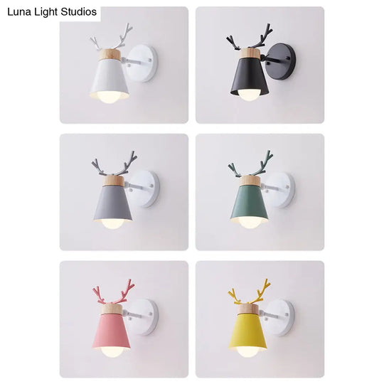 Nordic Metal Rotating Cone Shade Sconce Lighting With Antler Deco - 1-Light Kids Room Reading Light