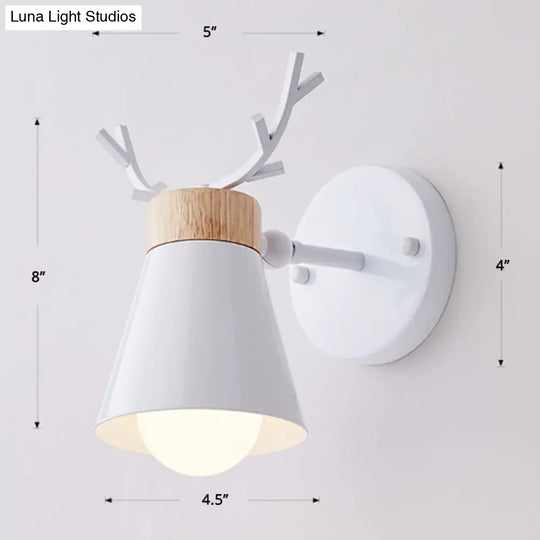 Nordic Metal Rotating Cone Shade Sconce Lighting With Antler Deco - 1-Light Kids Room Reading Light