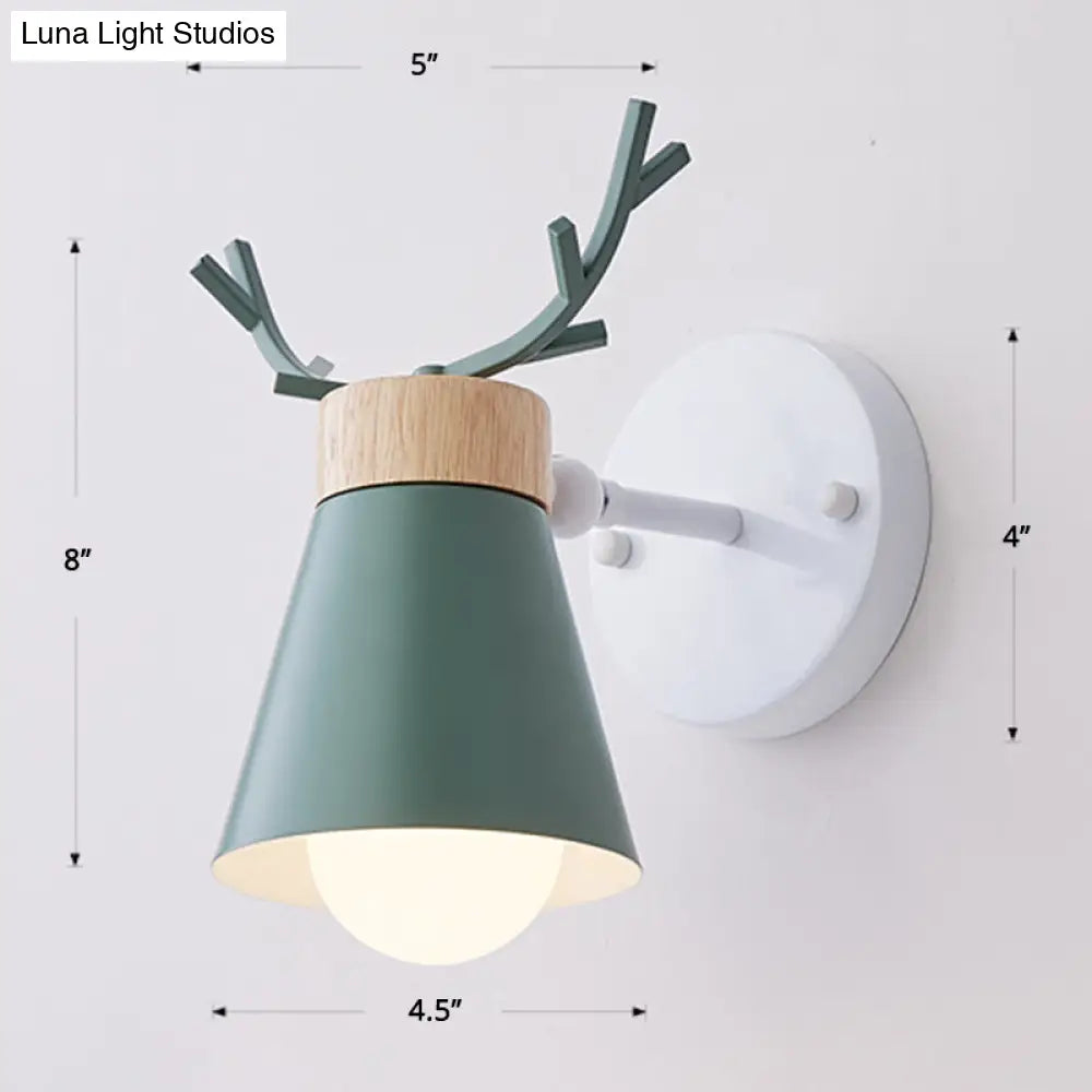 Nordic Metal Rotating Cone Shade Sconce Lighting With Antler Deco - 1-Light Kids Room Reading Light