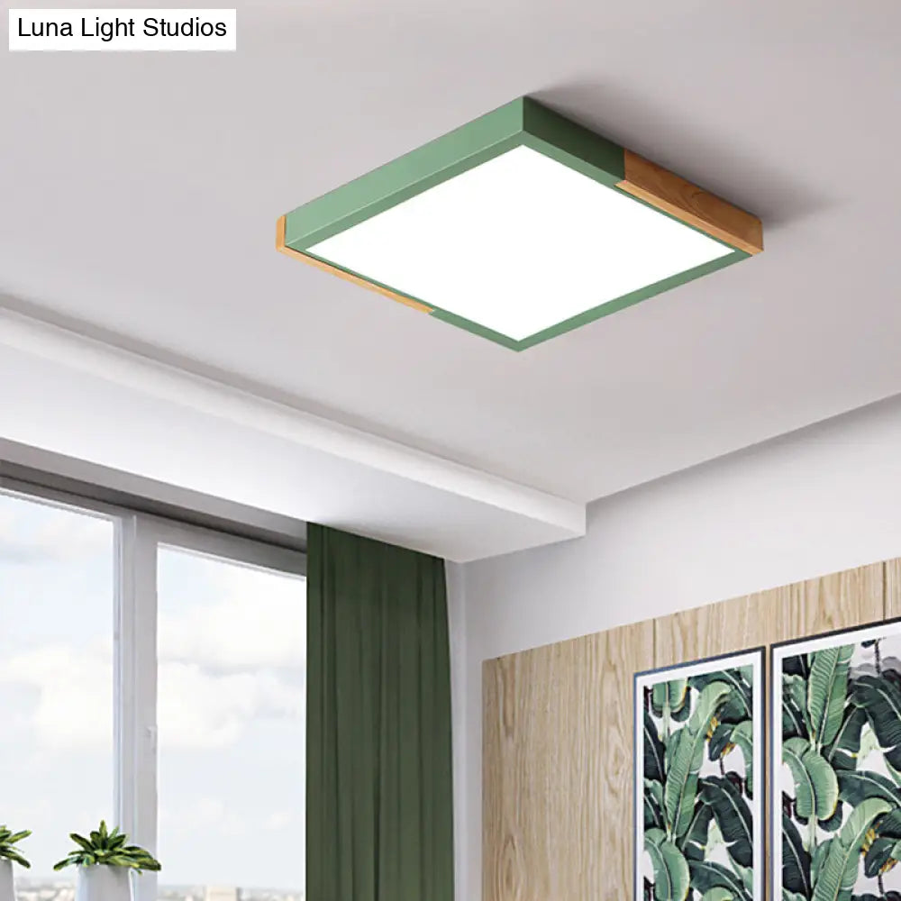 Nordic Metal Spliced Square Flush Mount Light - Led Ceiling Lighting In Green/White/Black - Wood