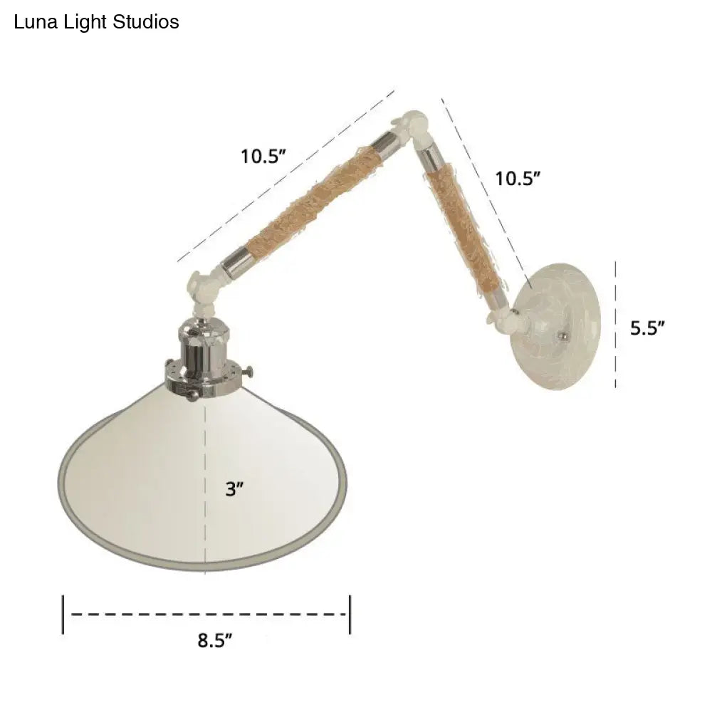 Nordic Metal Wall Sconce - White Conical Task Light With Swivelable Roped Arm