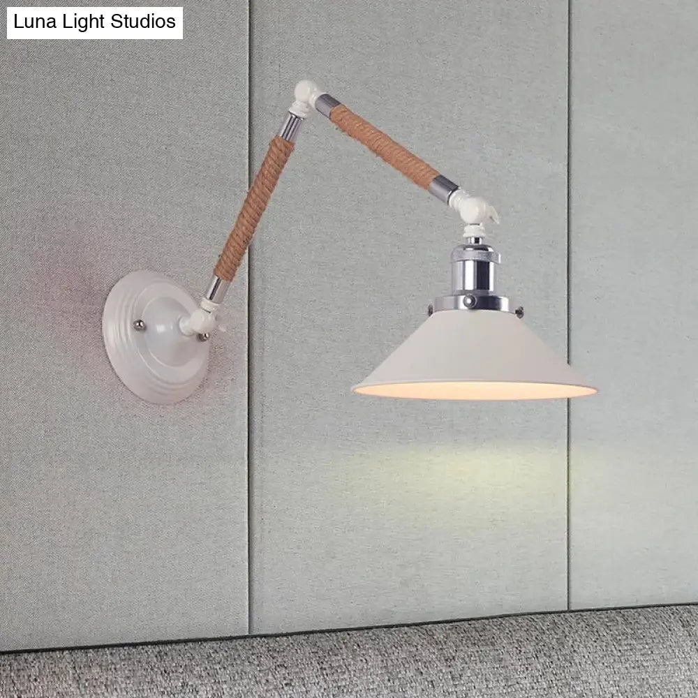 Nordic Metal Wall Sconce - White Conical Task Light With Swivelable Roped Arm