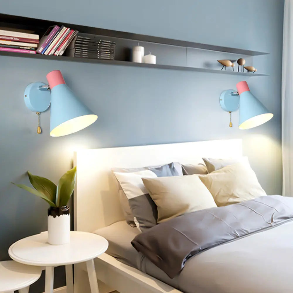 Nordic Metallic Cone Shade Sconce Light - 1 Blue Wall For Bedroom (6W)