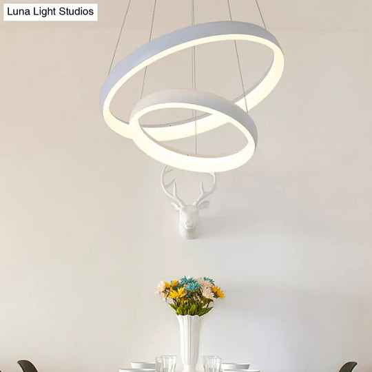 Nordic Metallic Led Pendant Light In White - Circle Chandelier For Dining Room Choice Of 1/2/3