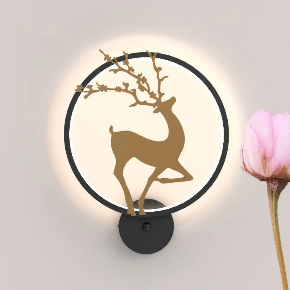 Nordic Metallic Led Wall Light With Elk Mural Design For Bedroom Black Ring