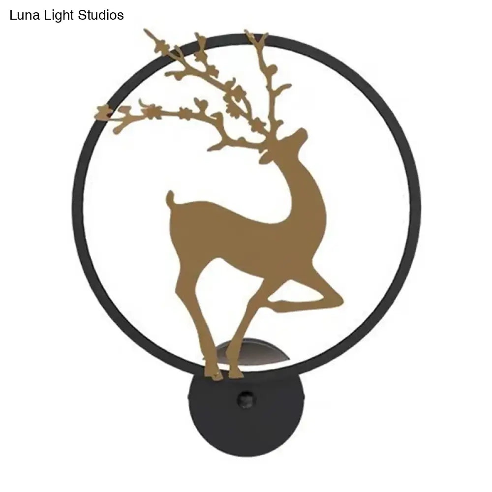 Nordic Metallic Led Wall Light With Elk Mural Design For Bedroom Black Ring