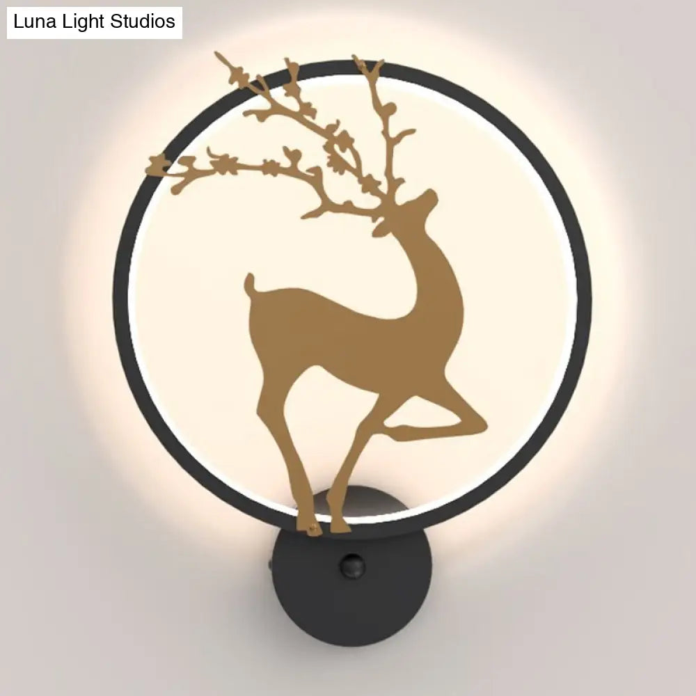 Nordic Metallic Led Wall Light With Elk Mural Design For Bedroom Black Ring