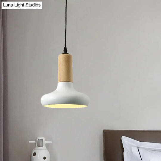 Nordic Metallic Urn Shaped Hanging Pendant Light Fixture - 1 Head White Drop With Wood Cap Tube