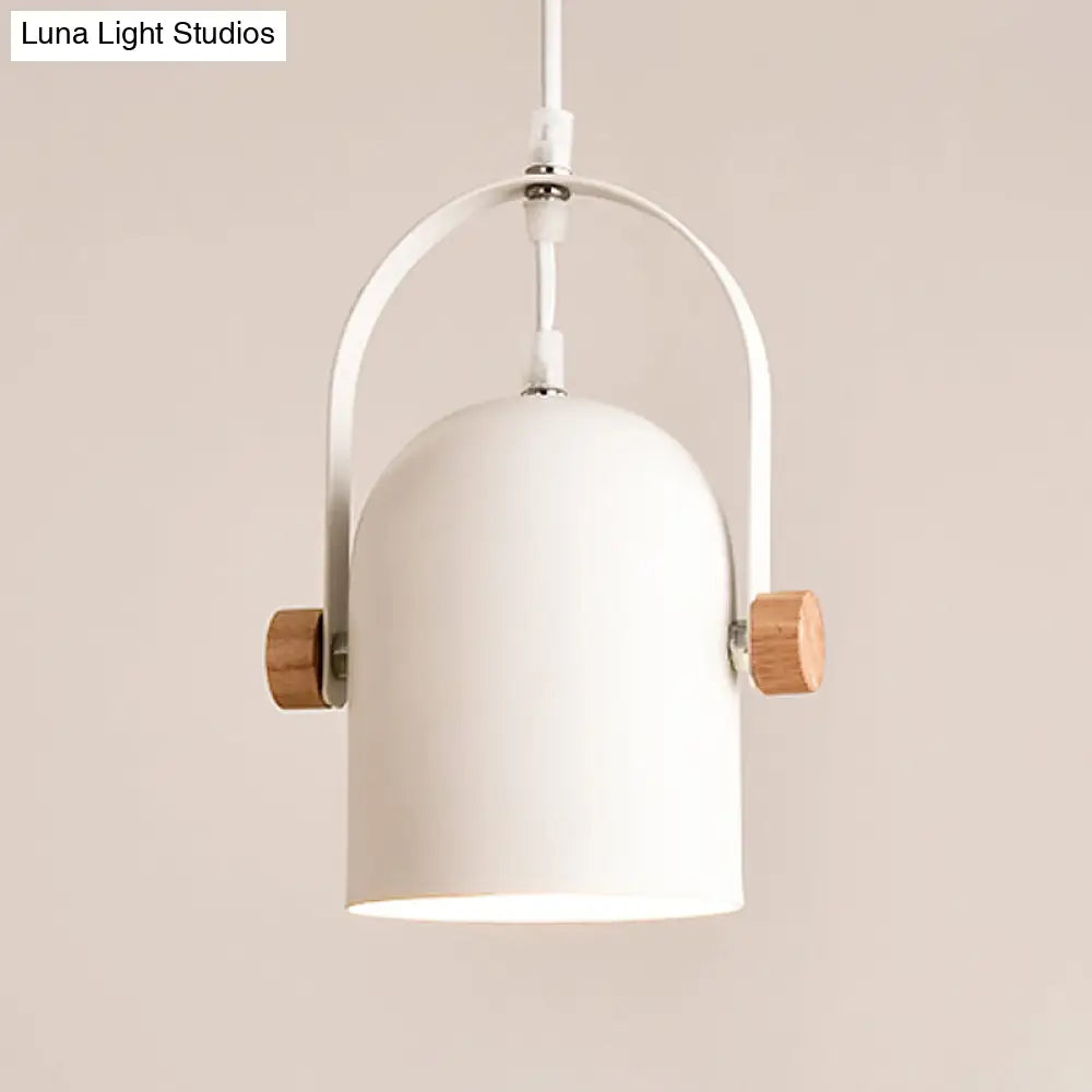 Nordic Ceiling Pendant Light - Metallic White Elongated Dome With Wood Lock And Adjustable Handle