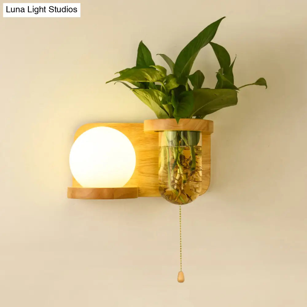 Nordic Milk Glass Ball Wall Sconce: 1-Bulb Bedside Pull Chain Light With Wood Rack And Planter