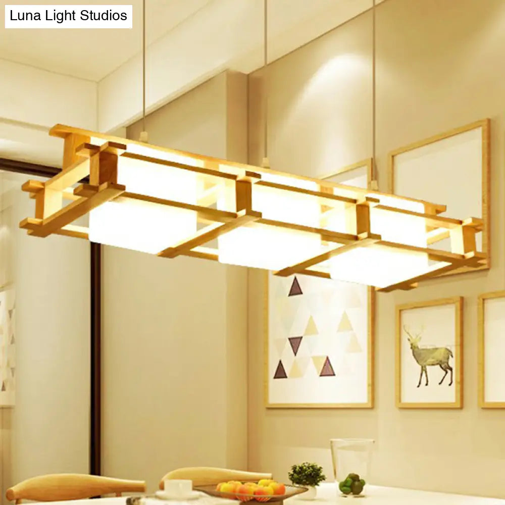 Nordic Milk Glass Island Light - Rectangular 3-Light Beige Suspension Lamp With Wooden Cage