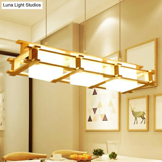 Nordic Milk Glass Island Light - Rectangular 3-Light Beige Suspension Lamp With Wooden Cage