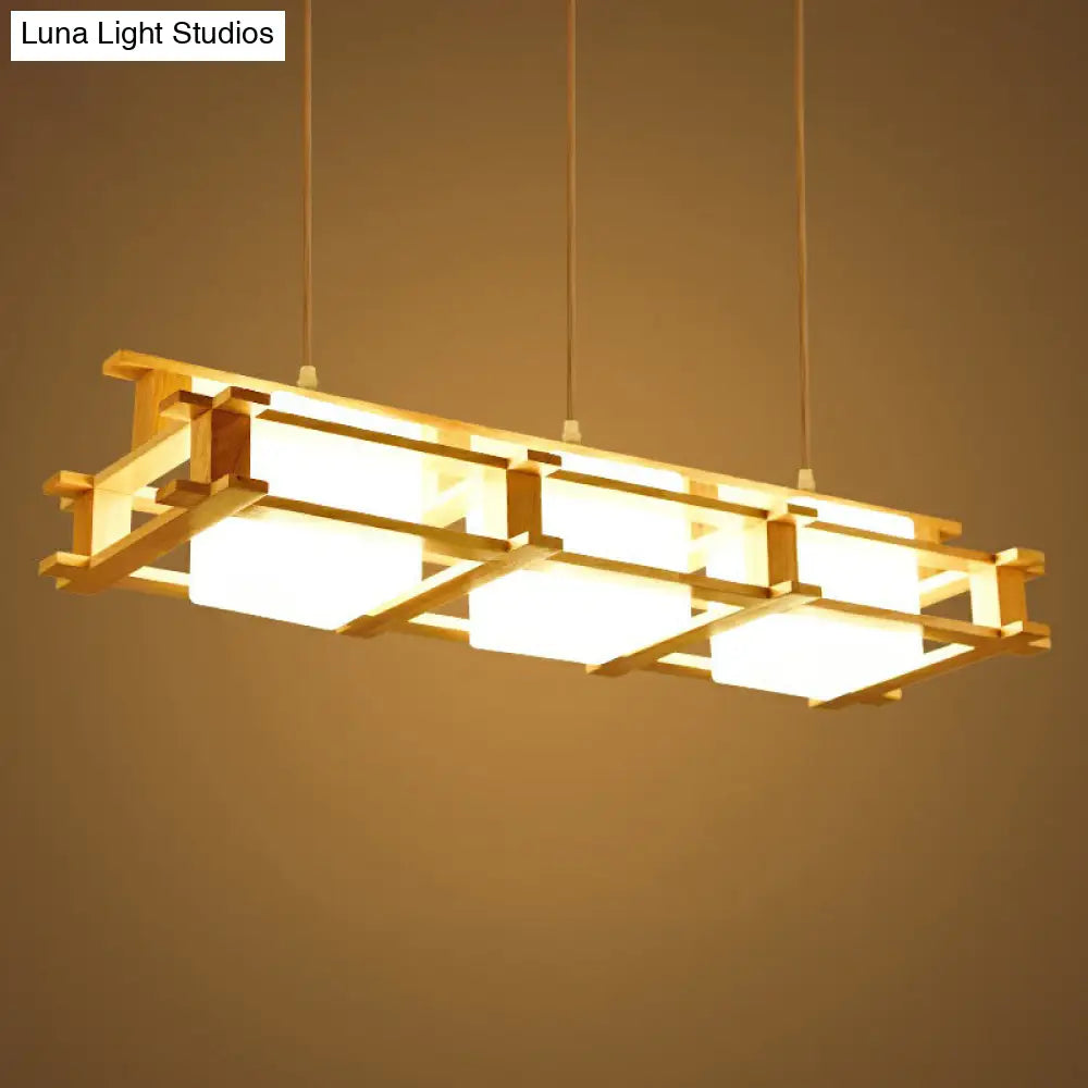 Nordic Milk Glass Island Light - Rectangular 3-Light Beige Suspension Lamp With Wooden Cage