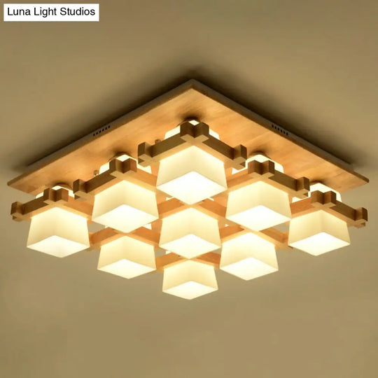 Nordic Milk Glass Wood Semi Flush Mount Ceiling Light For Dining Room