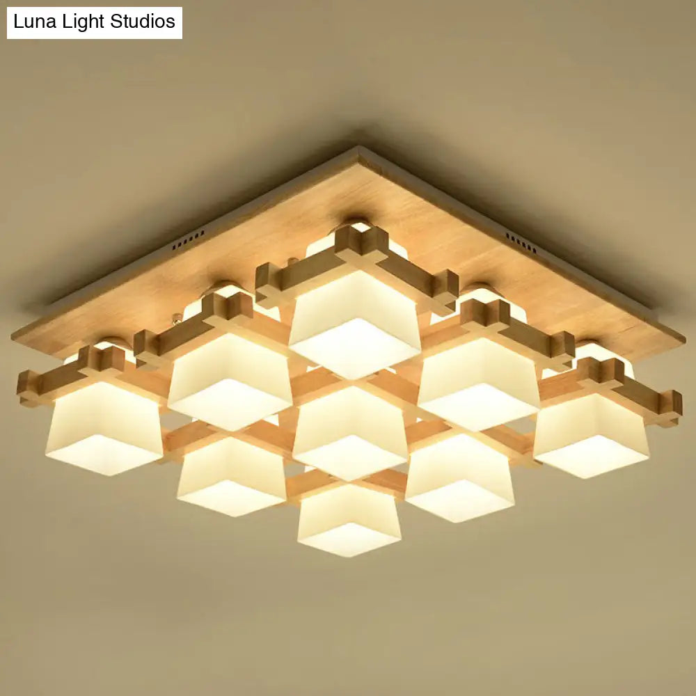 Nordic Milk Glass Wood Semi Flush Mount Ceiling Light For Dining Room