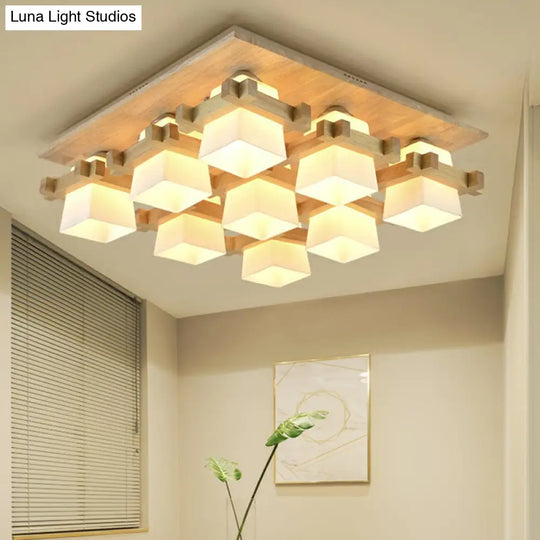 Nordic Milk Glass Wood Semi Flush Mount Ceiling Light For Dining Room