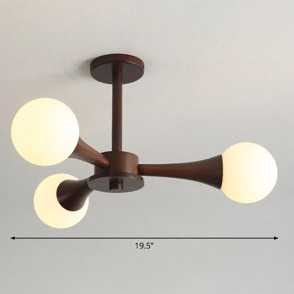 Nordic Milky Glass Bedroom Chandelier With Wooden Arm - Burst Ball Suspension Light 3 / Brown