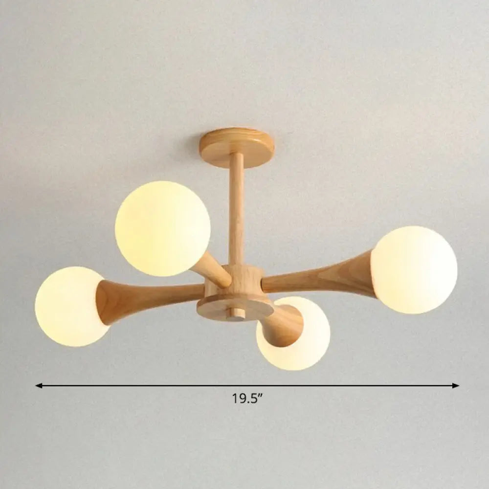 Nordic Milky Glass Bedroom Chandelier With Wooden Arm - Burst Ball Suspension Light 4 / Wood