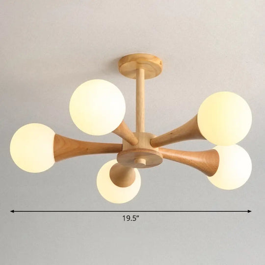 Nordic Milky Glass Bedroom Chandelier With Wooden Arm - Burst Ball Suspension Light 5 / Wood