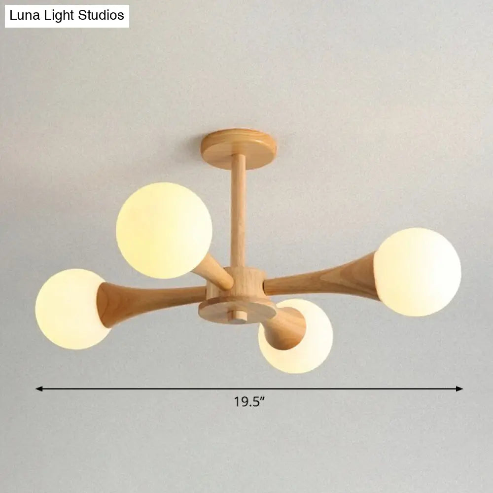 Nordic Milky Glass Burst Ball Chandelier With Wooden Arm - Bedroom Suspension Light 4 / Wood