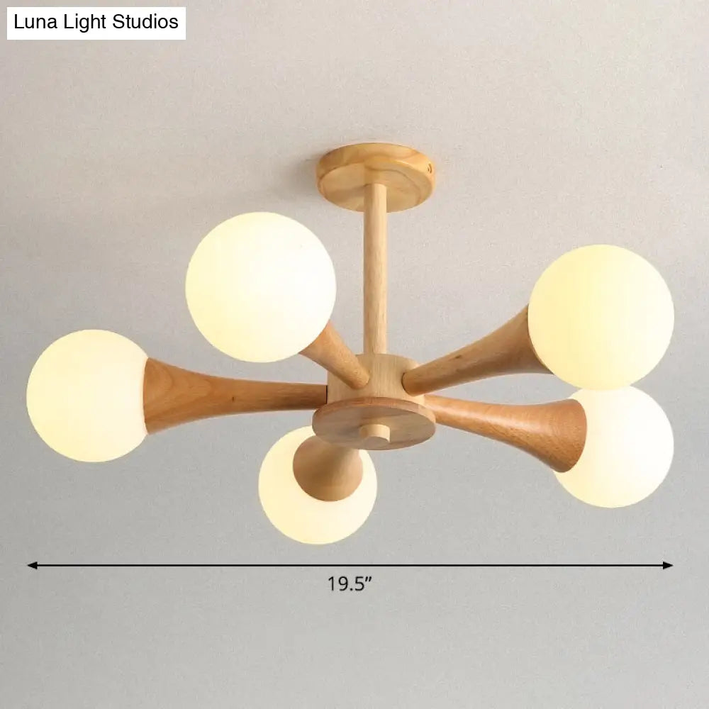 Nordic Milky Glass Burst Ball Chandelier With Wooden Arm - Bedroom Suspension Light 5 / Wood