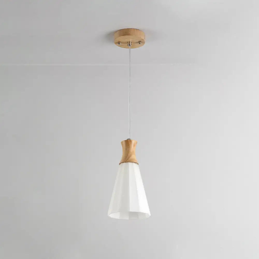 Nordic Milky Glass Cone Pendant Light - Wood Suspension Lamp With Round/Linear Canopy 1 /