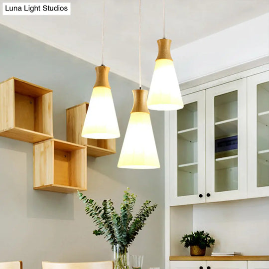 Milky Glass Cone Pendant Light With Wood Suspension And Linear/Round Canopy