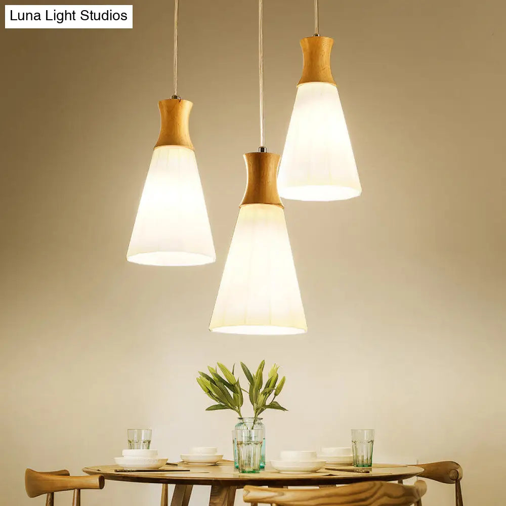 Milky Glass Cone Pendant Light With Wood Suspension And Linear/Round Canopy 3 /