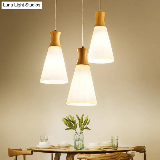 Milky Glass Cone Pendant Light With Wood Suspension And Linear/Round Canopy 3 /