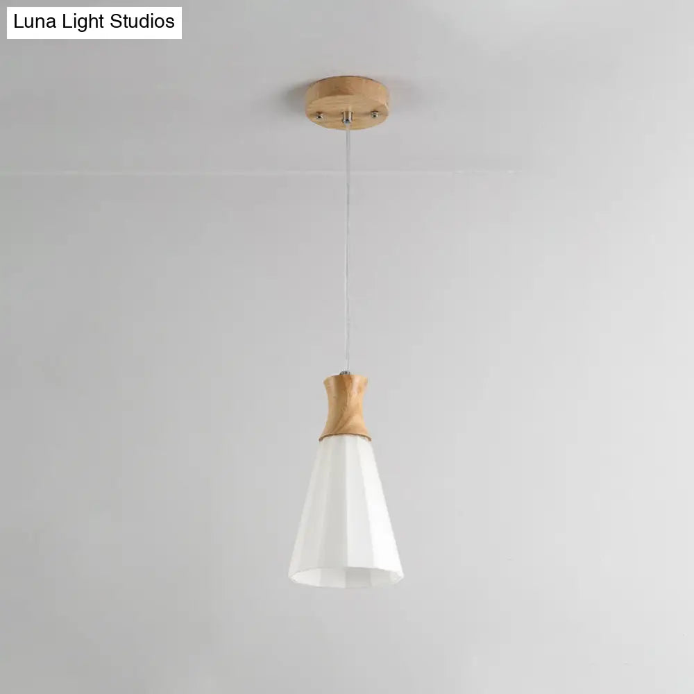 Milky Glass Cone Pendant Light With Wood Suspension And Linear/Round Canopy 1 /