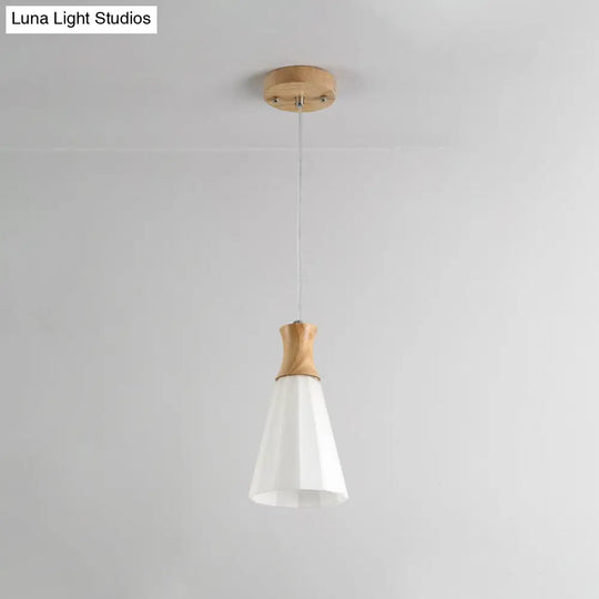 Milky Glass Cone Pendant Light With Wood Suspension And Linear/Round Canopy 1 /