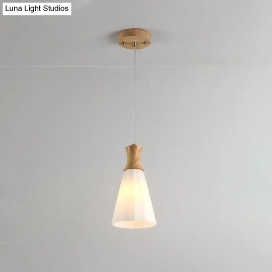 Milky Glass Cone Pendant Light With Wood Suspension And Linear/Round Canopy