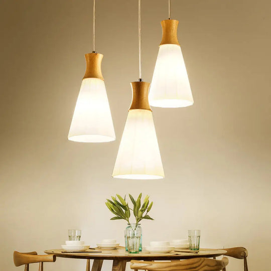 Nordic Milky Glass Cone Pendant Light - Wood Suspension Lamp With Round/Linear Canopy 3 /