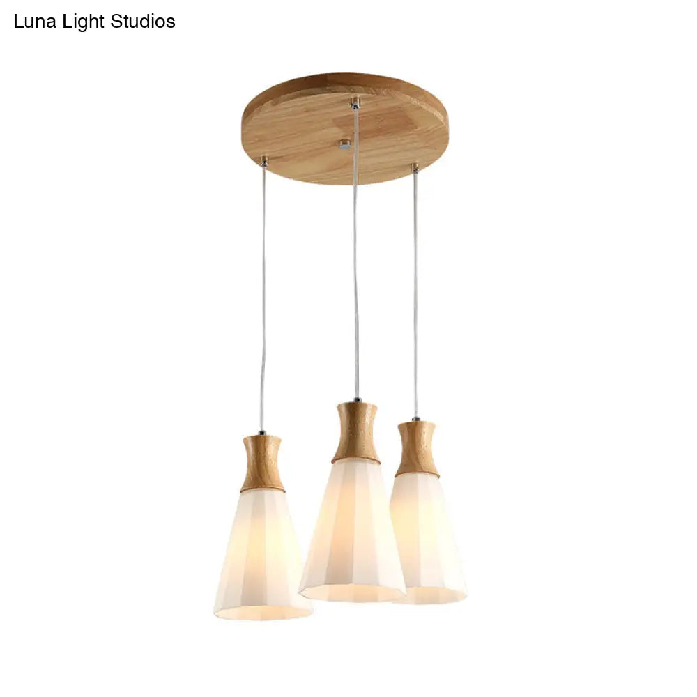 Nordic Milky Glass Cone Pendant Light - Wood Suspension Lamp With Round/Linear Canopy