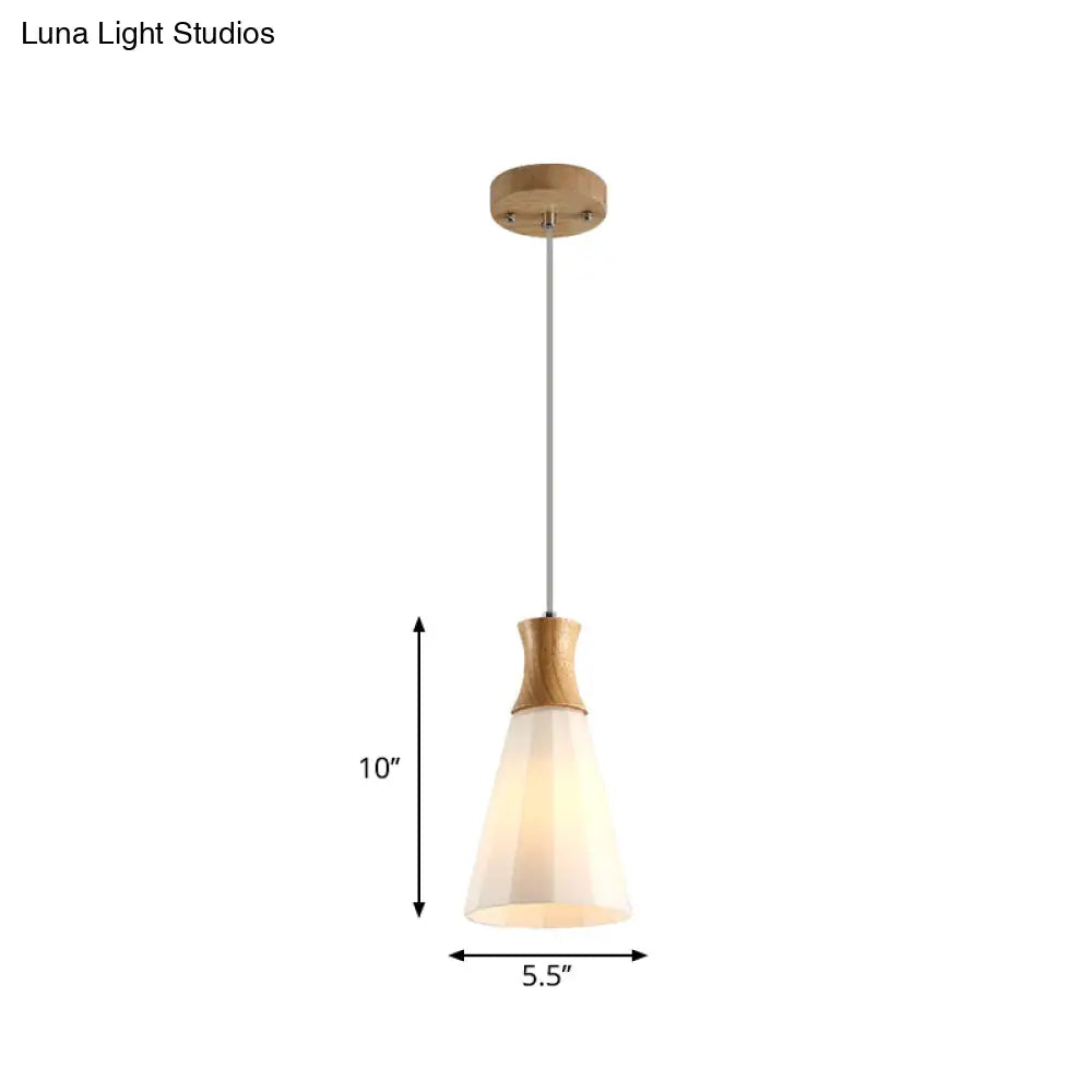 Nordic Milky Glass Cone Pendant Light - Wood Suspension Lamp With Round/Linear Canopy