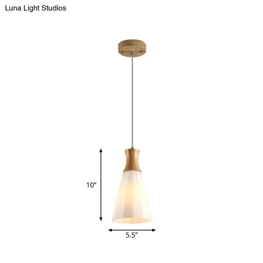 Nordic Milky Glass Cone Pendant Light - Wood Suspension Lamp With Round/Linear Canopy