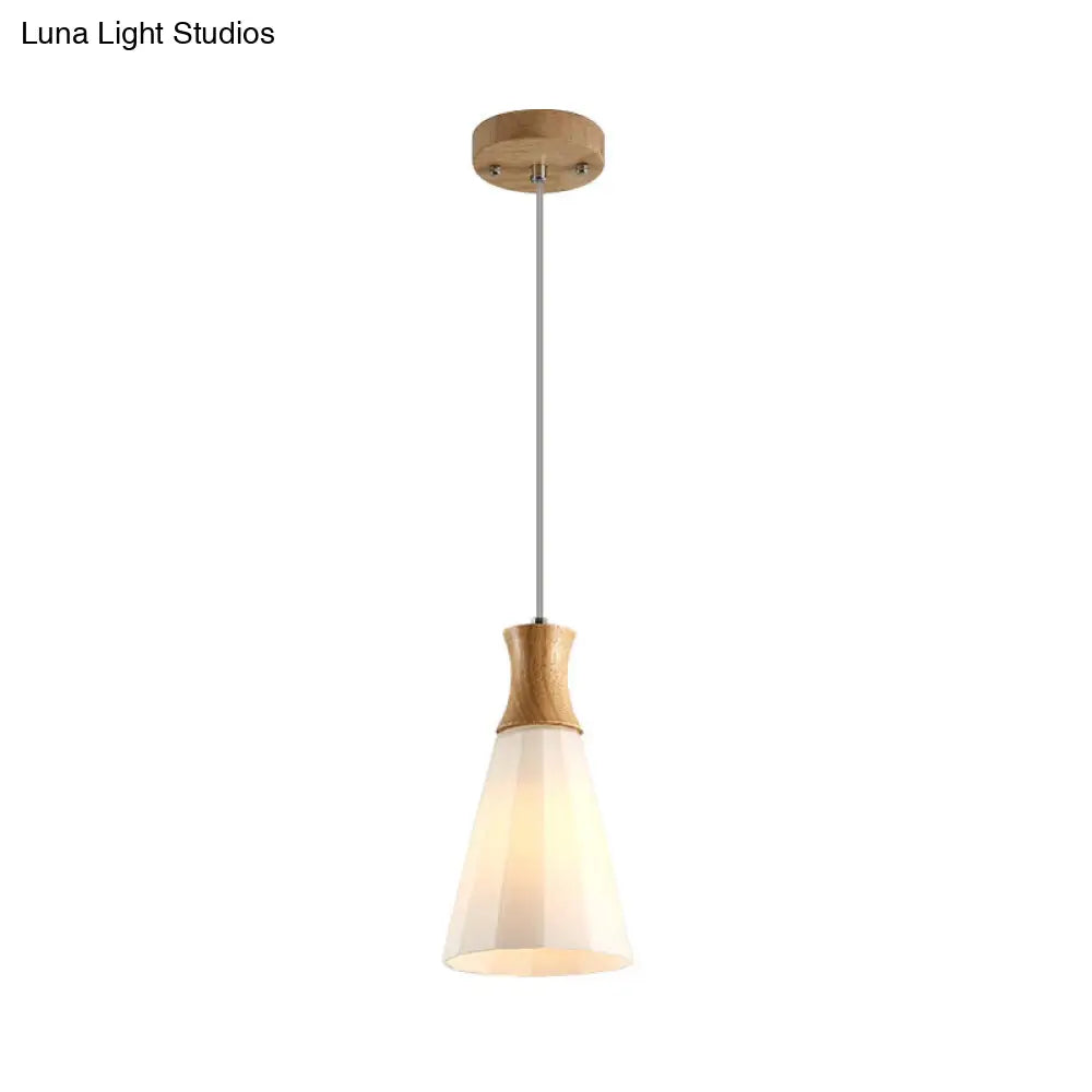 Milky Glass Cone Pendant Light With Wood Suspension And Linear/Round Canopy