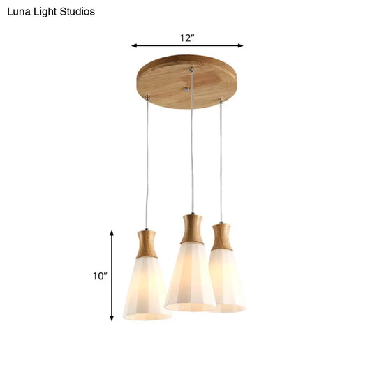 Nordic Milky Glass Cone Pendant Light - Wood Suspension Lamp With Round/Linear Canopy