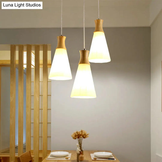 Milky Glass Cone Pendant Light With Wood Suspension And Linear/Round Canopy