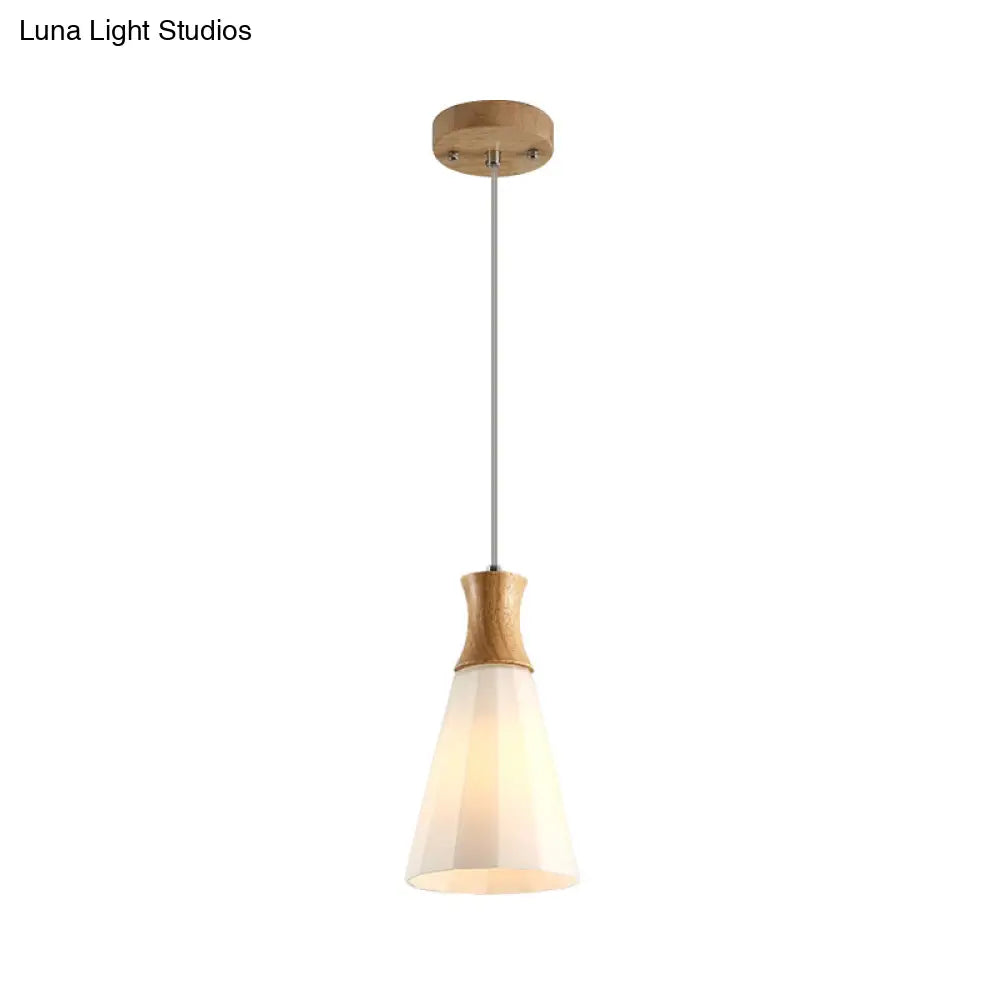 Nordic Milky Glass Cone Pendant Light - Wood Suspension Lamp With Round/Linear Canopy