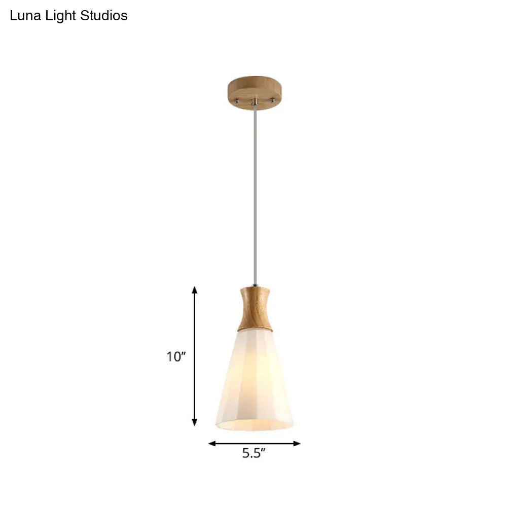 Milky Glass Cone Pendant Light With Wood Suspension And Linear/Round Canopy