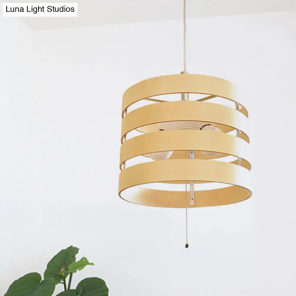 Nordic Minimalist 2 Bulbs Wood Pendant With Pull Chain Lighting