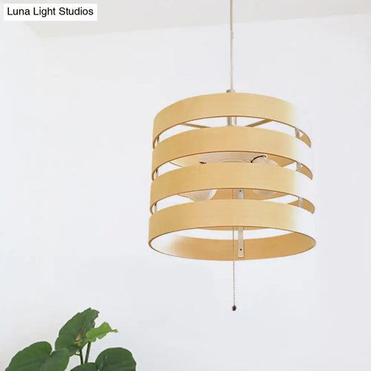 Nordic Minimalist 2 Bulbs Wood Pendant With Pull Chain Beige Lighting