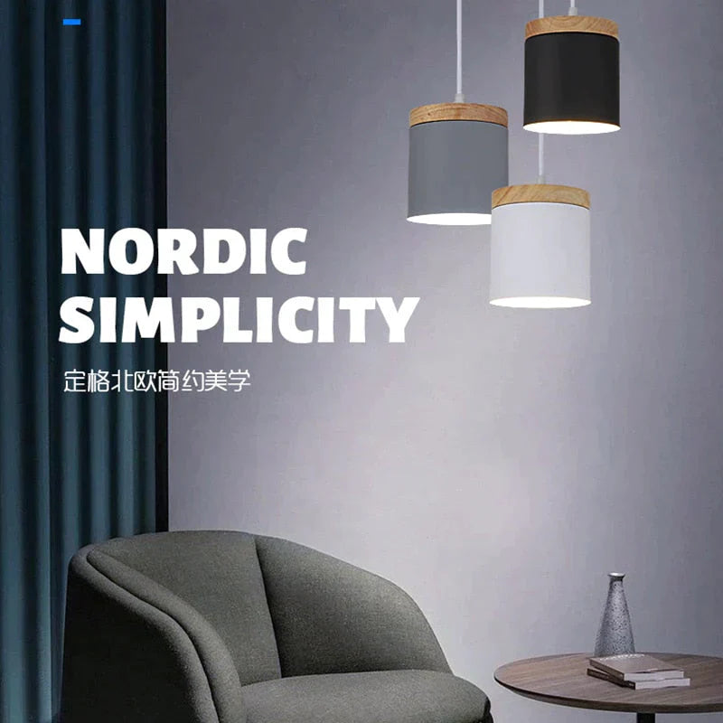 Nordic Modern Wood Aluminum E27 Pendant Lights, Living Room Dining Room Bedside Dining Table Decorative Lighting