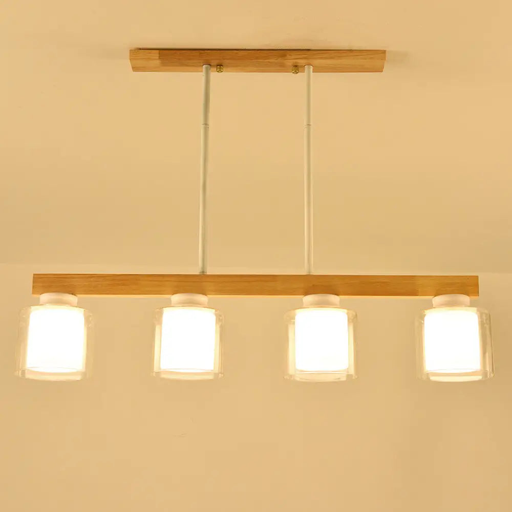 Nordic Modern Wood Island Pendant With Glass Lampshade Hanging Lamp 4 / White