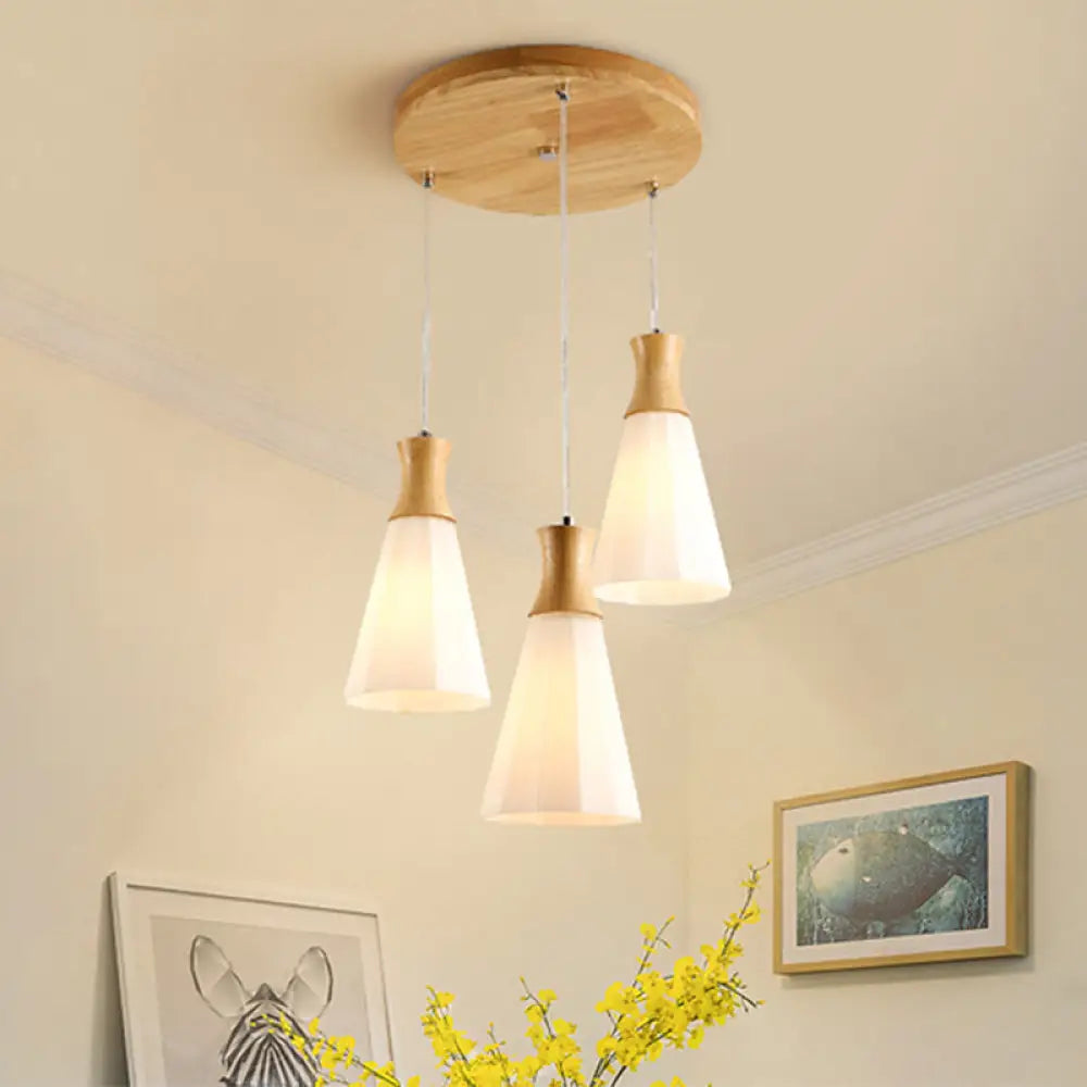 Nordic Opal Frosted Glass 3-Bulb Conical Ceiling Light Pendant With Wood Accents - Ideal For Dining