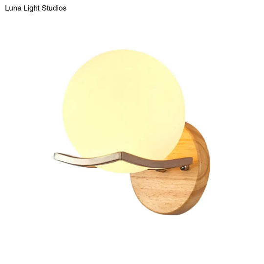 Nordic Opal Glass Single Light Wall Sconce For Bedroom Globe Wood Lamp