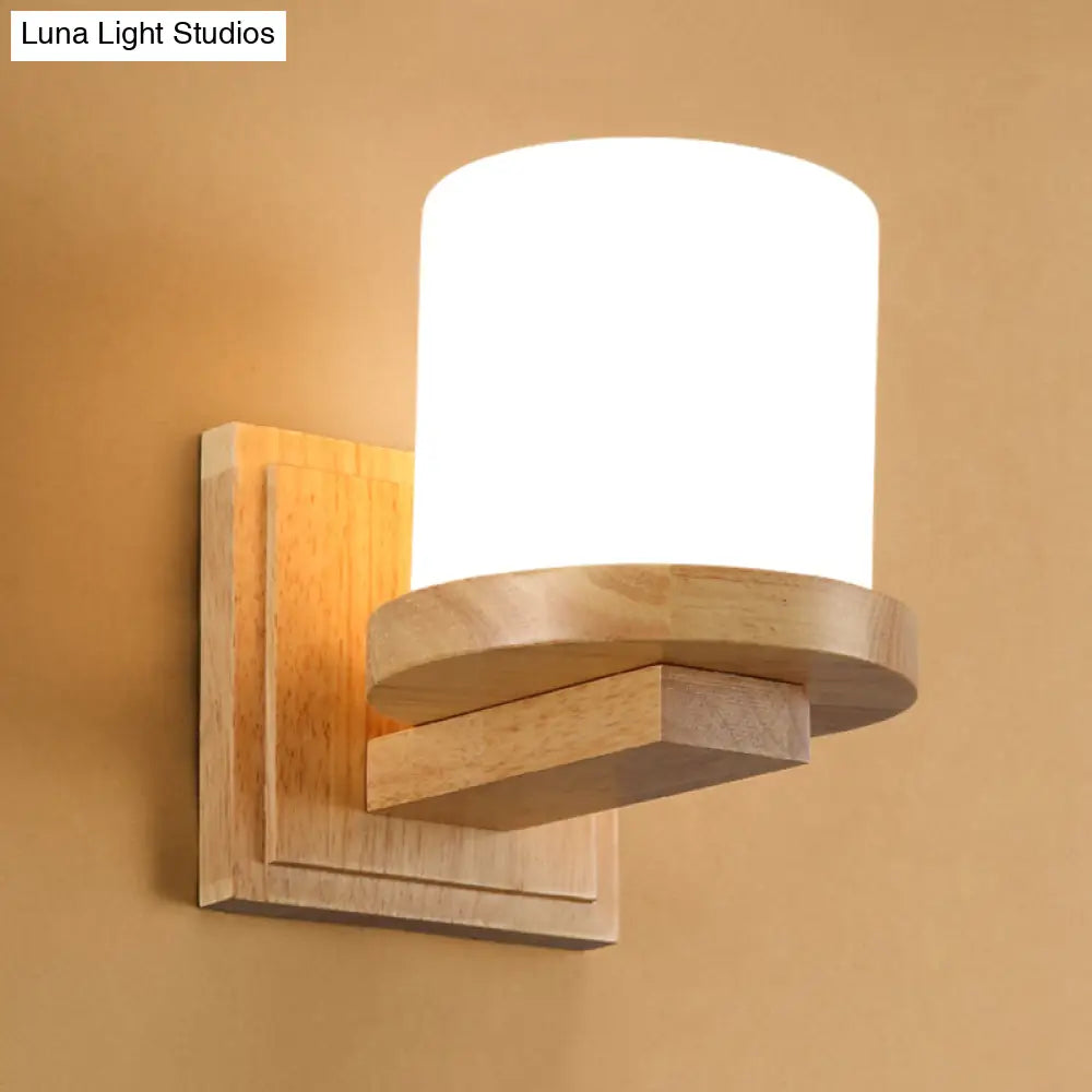 Nordic Opal Matte Glass Wall Lamp With Wood Arm - 1-Light Sconce Fixture