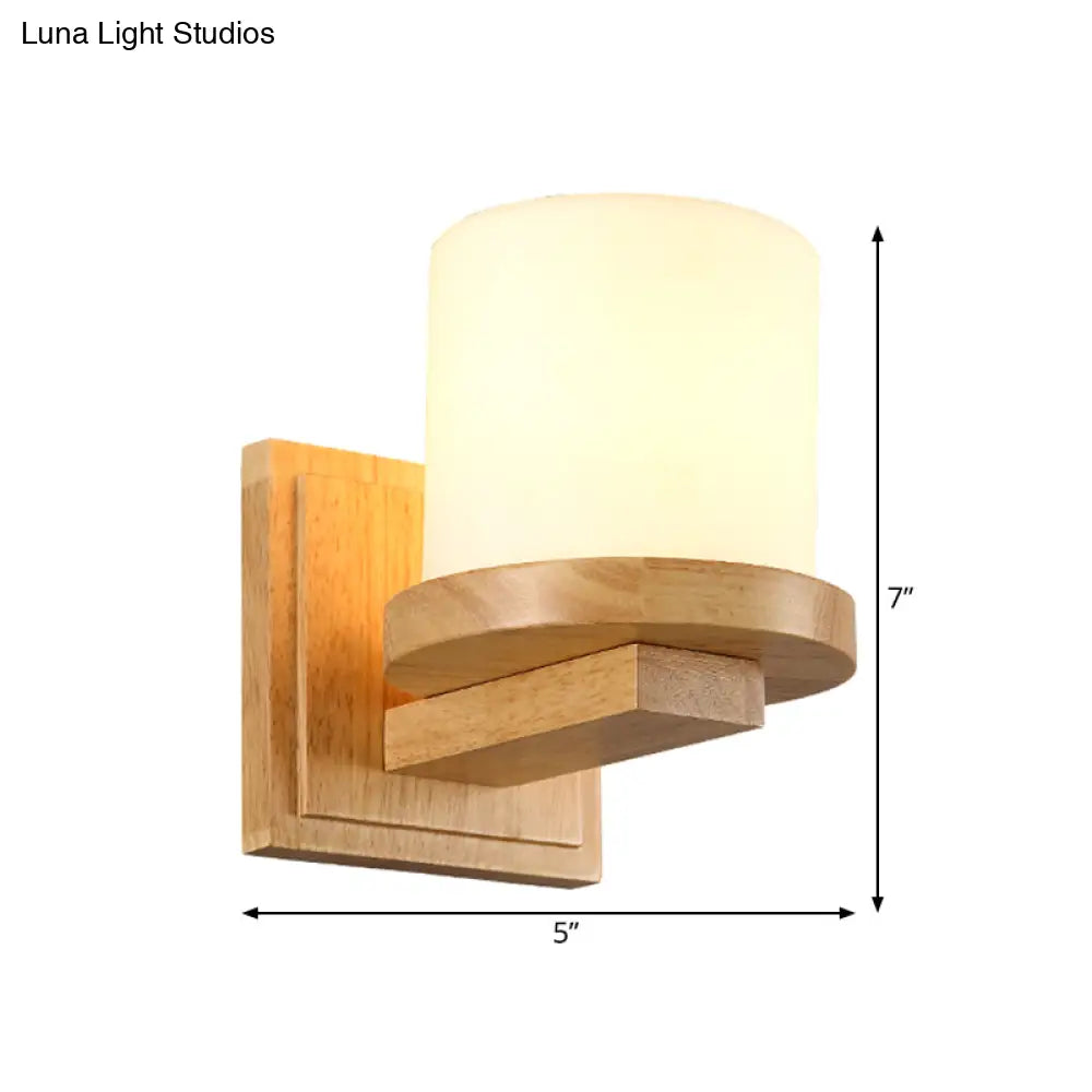 Nordic Opal Matte Glass Wall Lamp With Wood Arm - 1-Light Sconce Fixture