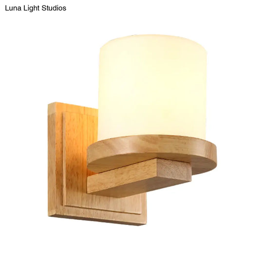 Nordic Opal Matte Glass Wall Lamp With Wood Arm - 1-Light Sconce Fixture